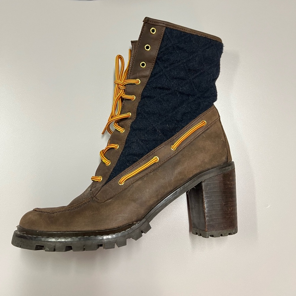 Hunter Henson Boots Navy Quilted Brown Oiled Leather Heeled Size 38 - Picture 5 of 14